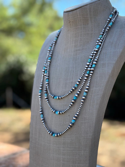 Handcrafted Kingman Turquoise & Sterling Silver 3-6mm Beaded Necklace 72"