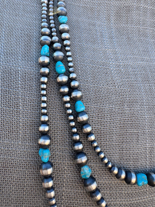 Handcrafted Kingman Turquoise & Sterling Silver 3-6mm Beaded Necklace 72"