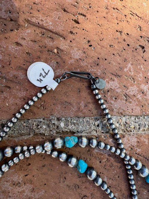 Handcrafted Kingman Turquoise & Sterling Silver 3-6mm Beaded Necklace 72"