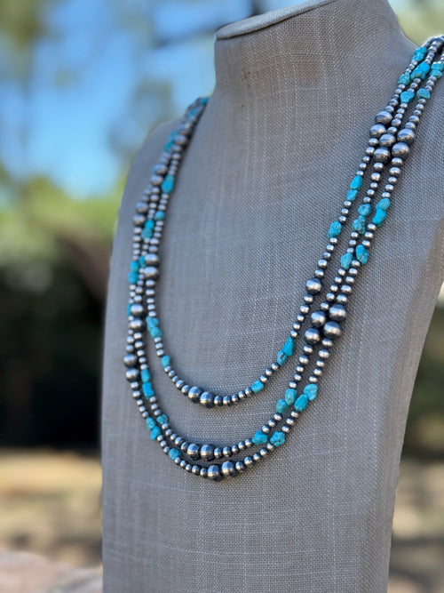 Handcrafted Kingman Turquoise & Sterling Silver 4-8mm Beaded Necklace 30"