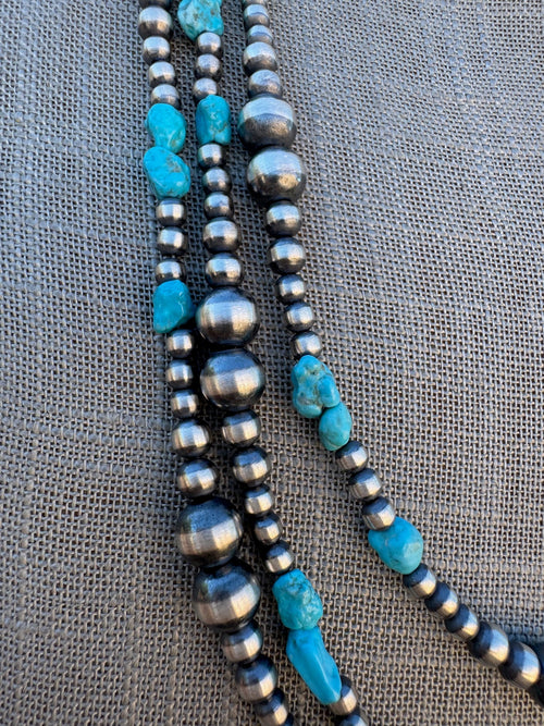 Handcrafted Kingman Turquoise & Sterling Silver 4-8mm Beaded Necklace 30"