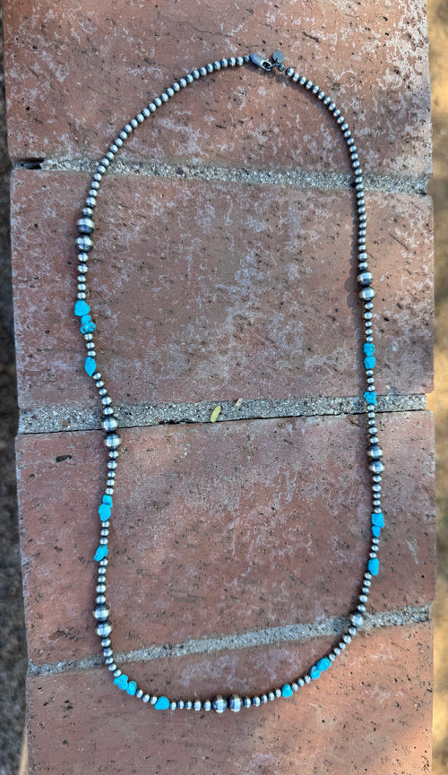 Handcrafted Kingman Turquoise & Sterling Silver 4-8mm Beaded Necklace 30"