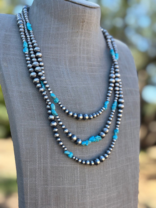 Handcrafted Kingman Turquoise & Sterling Silver 4-8mm Beaded Necklace 60"