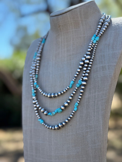 Handcrafted Kingman Turquoise & Sterling Silver 4-8mm Beaded Necklace 60"