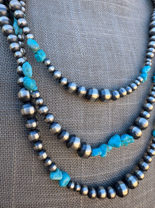 Handcrafted Kingman Turquoise & Sterling Silver 4-8mm Beaded Necklace 60"