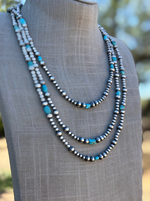 Handcrafted Kingman Turquoise & Sterling Silver 4-6mm Beaded Necklace 24"