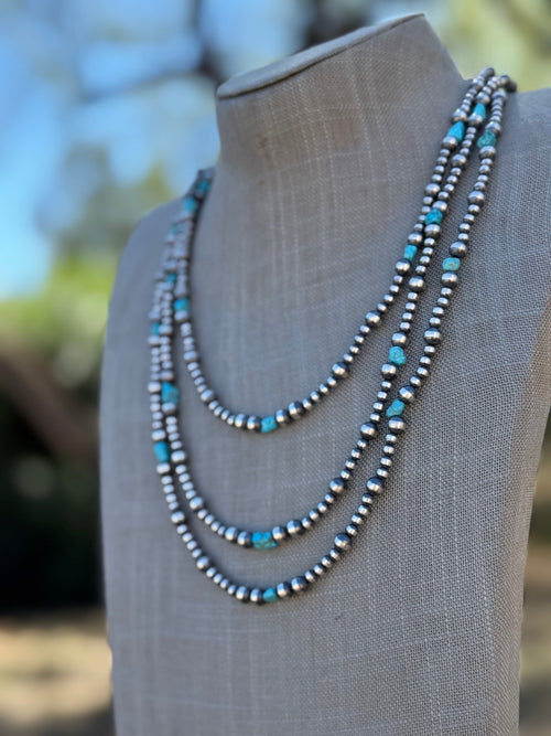 Handcrafted Kingman Turquoise & Sterling Silver 4-6mm Beaded Necklace 24"