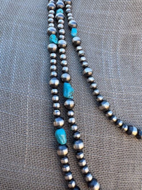 Handcrafted Kingman Turquoise & Sterling Silver 4-6mm Beaded Necklace 24"