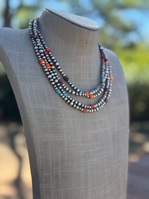 Sterling Silver & Multi Stone Beaded 4-6mm Necklace 72"