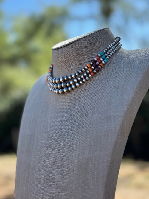 Sterling Silver & Multi Stone Beaded 4-6mm Necklace 14"