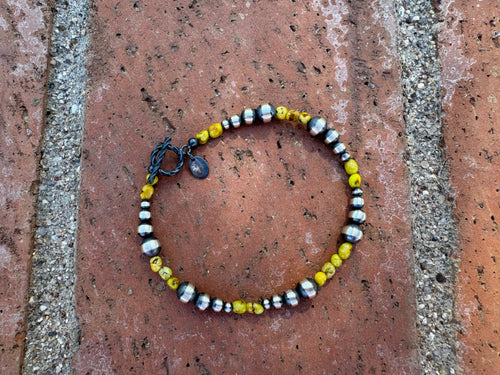 Handcrafted Sterling Silver and Palomino Turquoise Beaded 3-6mm Bracelet 7.5"