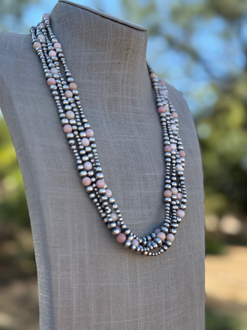 Handcrafted Pink Conch & Sterling Silver 3-6mm Beaded Necklace 24"