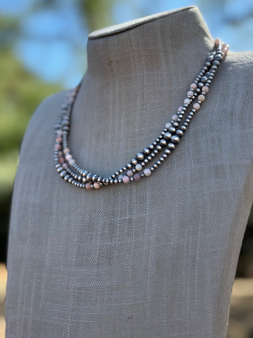 Handcrafted Pink Conch & Sterling Silver 3-6mm Beaded Necklace 18"