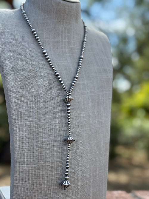Handcrafted Sterling Silver 3-6mm Beaded Lariat Necklace 20", Lariat 5"