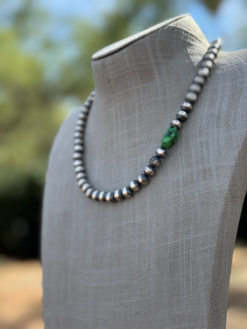 Handcrafted Sterling Silver & Kingman Turquoise 10mm Beaded Necklace 18"