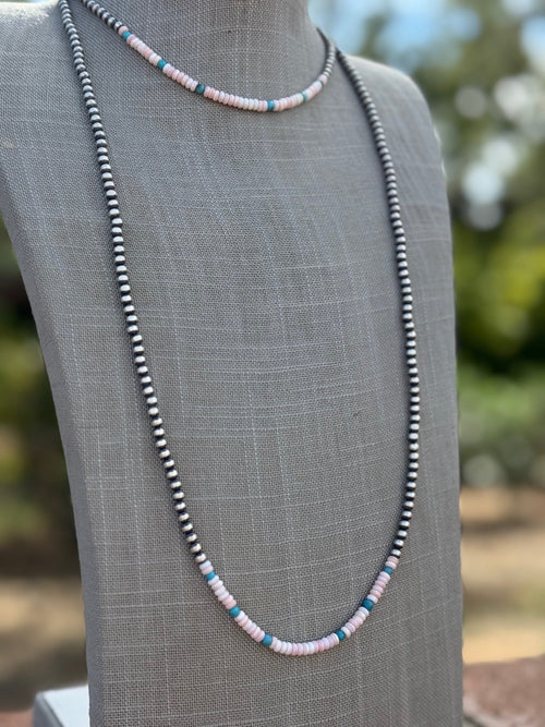 Handcrafted Sterling Silver Kingman Turquoise & Pink Conch 4mm Beaded Necklace