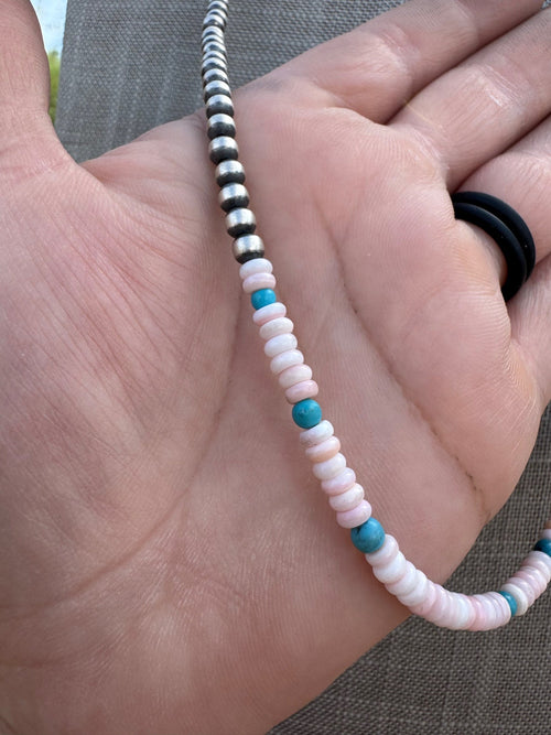 Handcrafted Sterling Silver Kingman Turquoise & Pink Conch 4mm Beaded Necklace