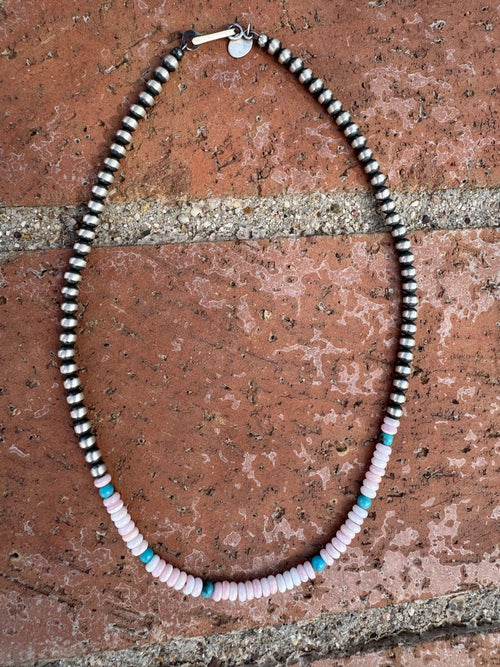 Handcrafted Sterling Silver Kingman Turquoise & Pink Conch 4mm Beaded Necklace