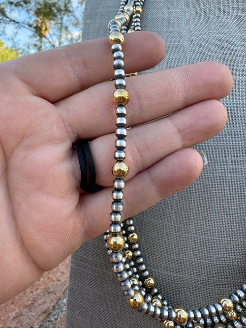 Handcrafted Sterling Silver & Gold 4mm Beaded Necklace 30"