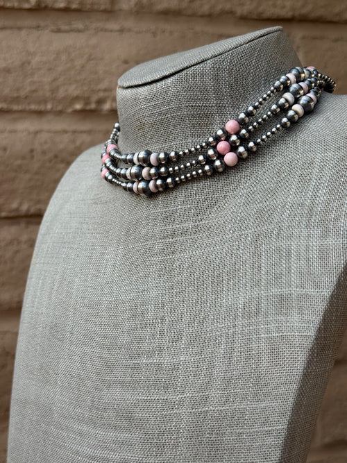 Handcrafted Pink Conch & Sterling Silver 3-8mm Beaded Necklace 14"