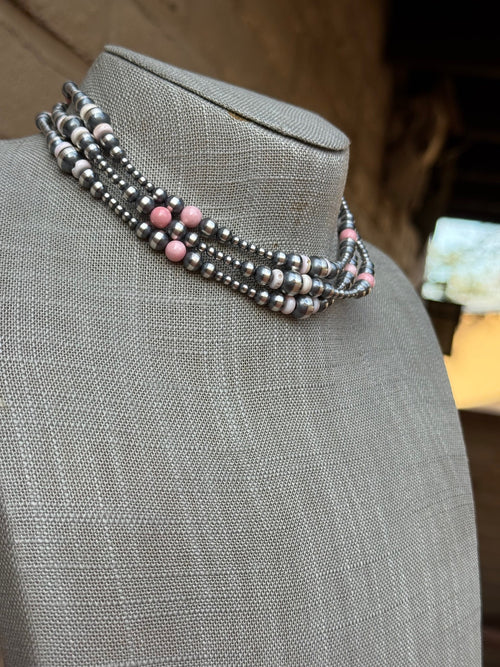 Handcrafted Pink Conch & Sterling Silver 3-8mm Beaded Necklace 14"