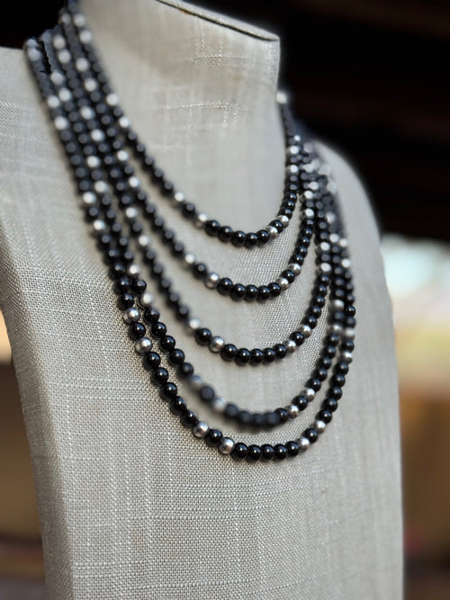 Handcrafted Sterling Silver Pearl & Onyx 5mm Beaded Necklace