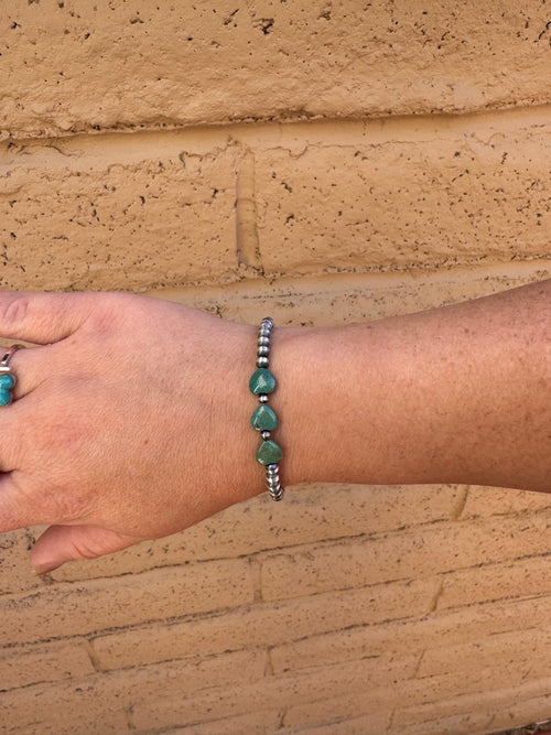 Handcrafted Sterling Silver Pearl & Turquoise 4mm Beaded Heart Bracelet 7.5"