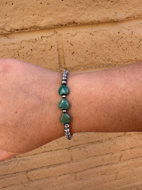 Handcrafted Sterling Silver Pearl & Turquoise 4mm Beaded Heart Bracelet 7.5"
