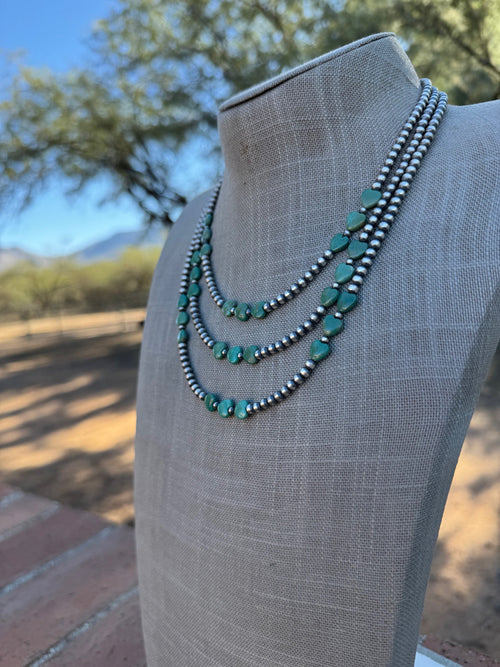 Handcrafted Kingman Turquoise & Sterling Silver Heart 4mm Beaded Necklace