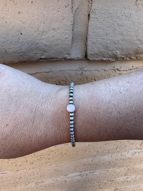 Handcrafted Pink Conch & Sterling Silver 3mm Beaded Bracelet 7.5"