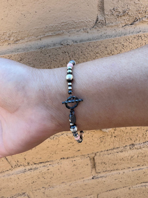 Handcrafted Pink Conch & Sterling Silver 3-6mm Beaded Bracelet 7.5"