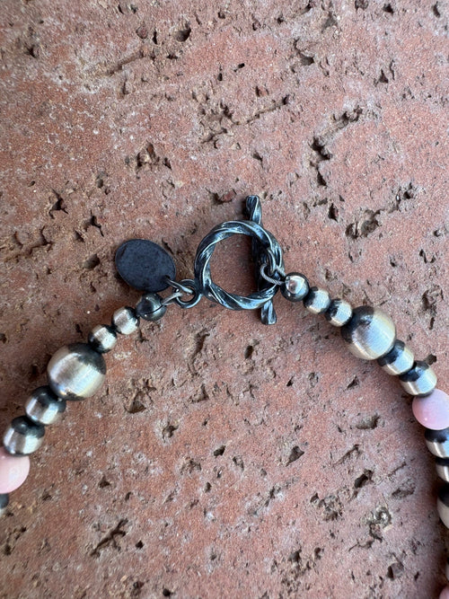 Handcrafted Pink Conch & Sterling Silver 3-6mm Beaded Bracelet 7.5"