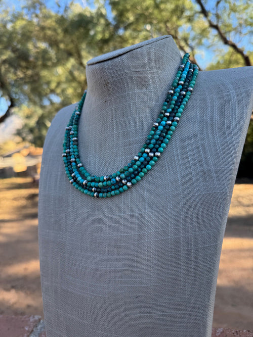 Handcrafted Kingman Turquoise & Sterling silver pearl 5mm Beaded Necklace 18"