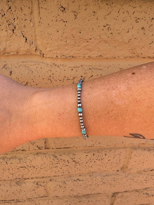 Handcrafted Turquoise & Sterling Silver Pearls 3-4mm Beaded Bracelet 7.5"