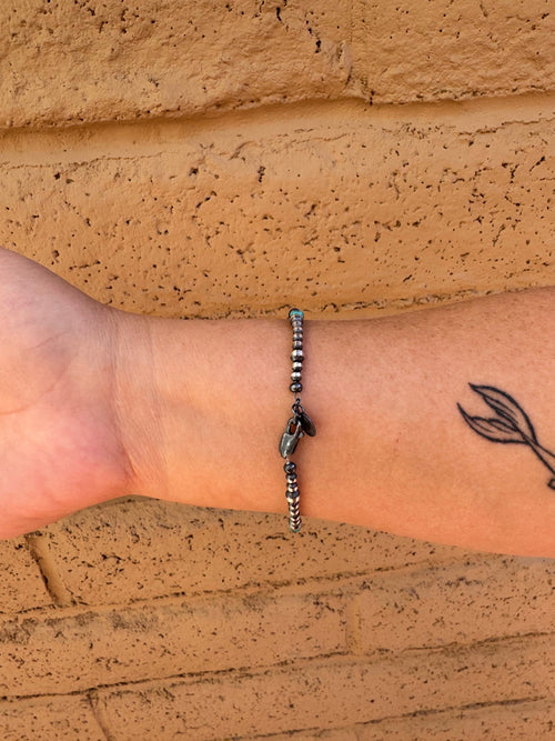 Handcrafted Turquoise & Sterling Silver Pearls 3-4mm Beaded Bracelet 7.5"