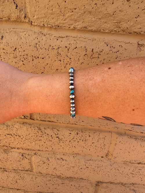 Handcrafted Turquoise & Sterling Silver Pearls 5-6mm Beaded Bracelet 7.5"