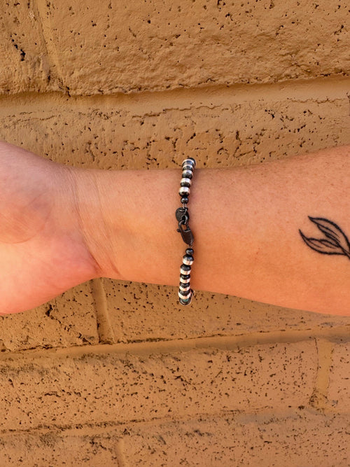 Handcrafted Turquoise & Sterling Silver Pearls 5-6mm Beaded Bracelet 7.5"