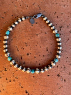 Handcrafted Turquoise & Sterling Silver Pearls 5-6mm Beaded Bracelet 7.5"