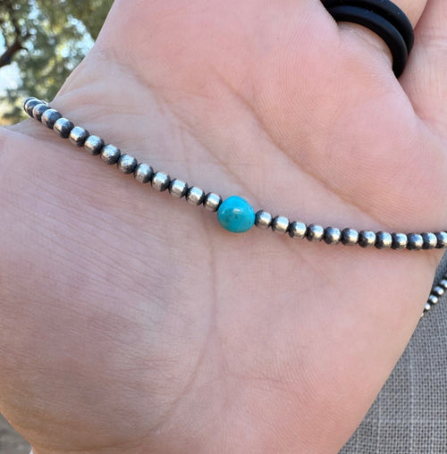 Handcrafted Turquoise & Sterling Silver Pearl 3mm Beaded Necklace