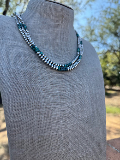 Handcrafted Hubei Turquoise & Sterling Silver Pearl 4mm Beaded Necklace 18"