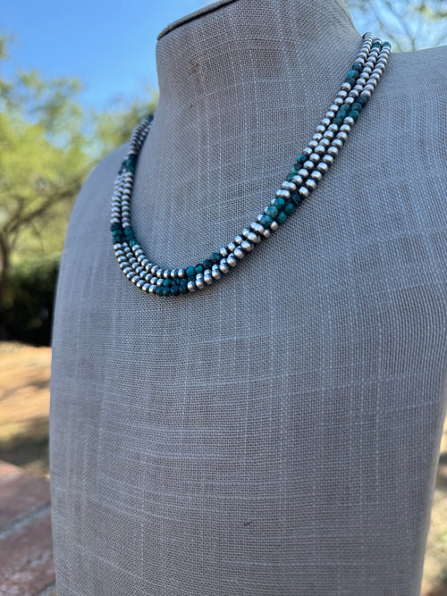 Handcrafted Hubei Turquoise & Sterling Silver Pearl 4mm Beaded Necklace 18"