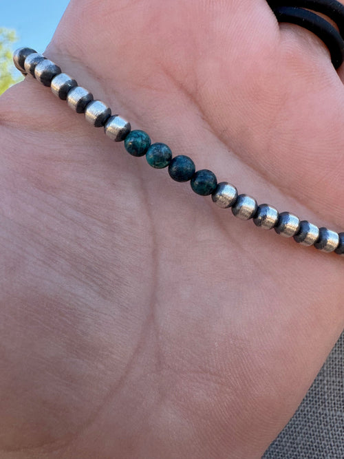 Handcrafted Hubei Turquoise & Sterling Silver Pearl 4mm Beaded Necklace 18"