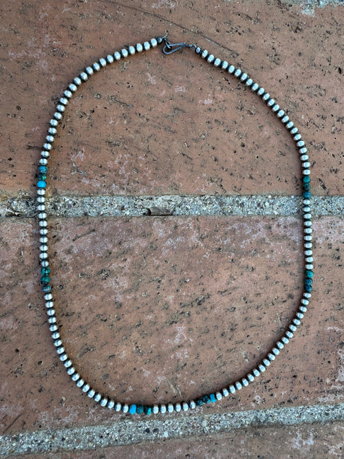 Handcrafted Hubei Turquoise & Sterling Silver Pearl 4mm Beaded Necklace 20"