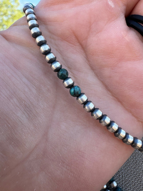 Handcrafted Hubei Turquoise & Sterling Silver Pearl 4mm Beaded Necklace 20"