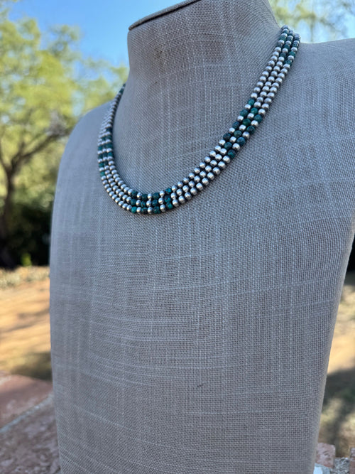 Handcrafted Hubei Turquoise & Sterling Silver Pearl 4mm Beaded Necklace 18"