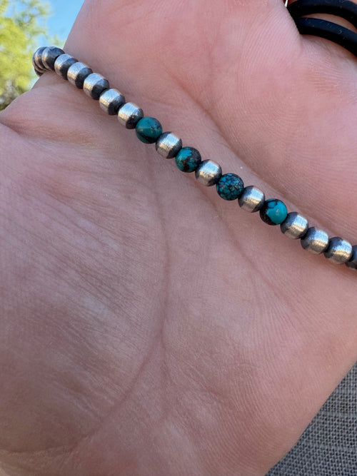 Handcrafted Hubei Turquoise & Sterling Silver Pearl 4mm Beaded Necklace 18"