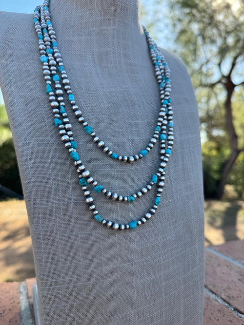 Handcrafted Kingman Turquoise & Sterling Silver Pearl 4-6mm Beaded Necklace 72"