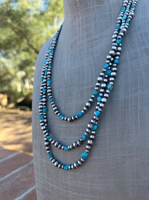 Handcrafted Kingman Turquoise & Sterling Silver Pearl 4-6mm Beaded Necklace 72"