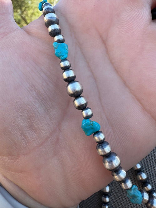 Handcrafted Kingman Turquoise & Sterling Silver Pearl 4-6mm Beaded Necklace 72"