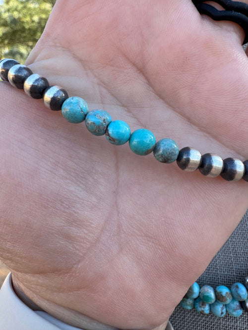 Handcrafted Kingman Turquoise & Sterling Silver Pearl 6mm Beaded Necklace 20"